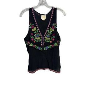 Anthropologie Black Embroidered Short Sleeve Top